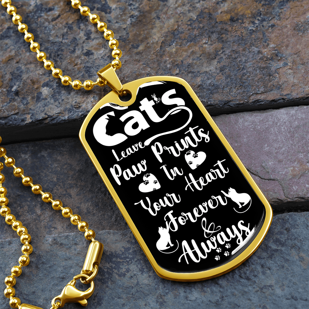 Engraved Gold Necklace, Cat Lovers, Cat Tag Pendant Paw Prints - Kubby&Co Worldwide