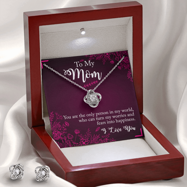 Gold Necklace & Earrings, Custom Bond Knot, My Mom My Strength - Kubby&Co Worldwide