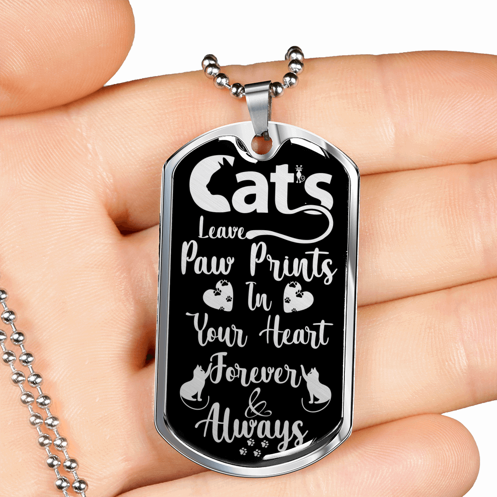 Engraved Gold Necklace, Cat Lovers, Cat Tag Pendant Paw Prints - Kubby&Co Worldwide