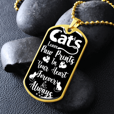 Engraved Gold Necklace, Cat Lovers, Cat Tag Pendant Paw Prints - Kubby&Co Worldwide