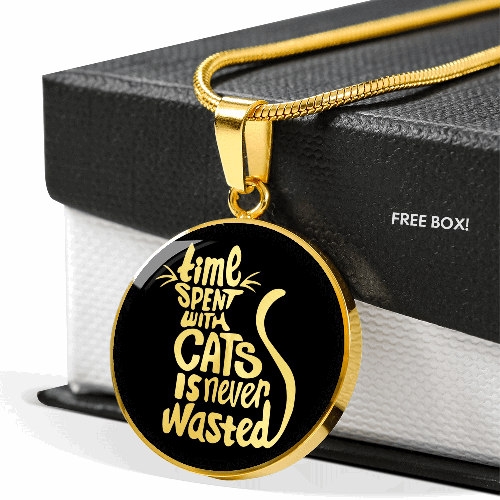 Engraved Gold Necklace, Cat Lovers Pendant, Time Never Wasted - Kubby&Co Worldwide