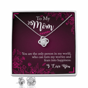 Gold Necklace & Earrings, Custom Bond Knot, My Mom My Strength - Kubby&Co Worldwide