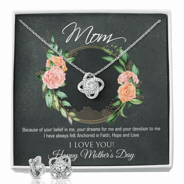 Gold Necklace & Earrings, Our Bond Knot, Mom Belief In Me - Kubby&Co Worldwide