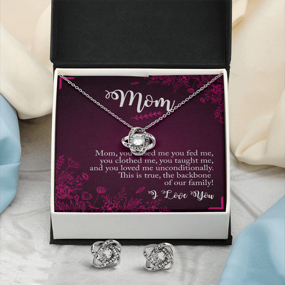 Gold Necklace & Earrings, Our Bond Knot, Mom The Backbone - Kubby&Co Worldwide