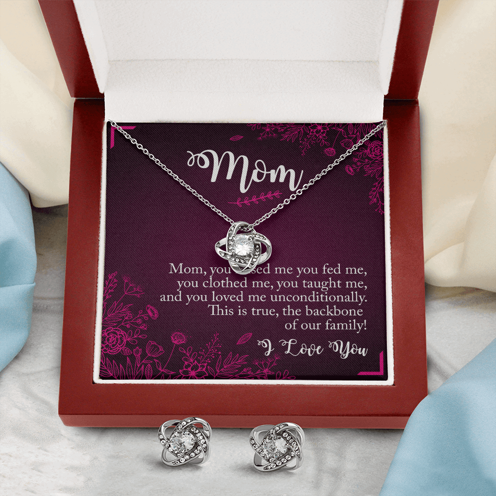 Gold Necklace & Earrings, Our Bond Knot, Mom The Backbone - Kubby&Co Worldwide