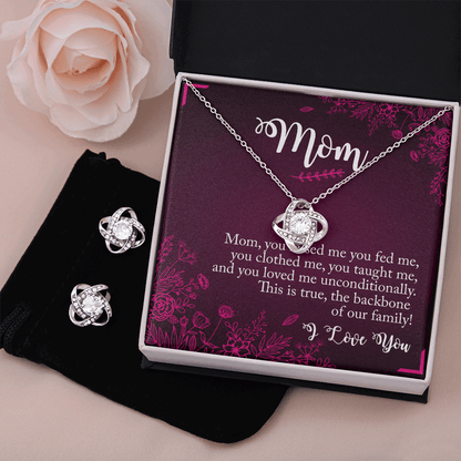 Gold Necklace & Earrings, Our Bond Knot, Mom The Backbone - Kubby&Co Worldwide