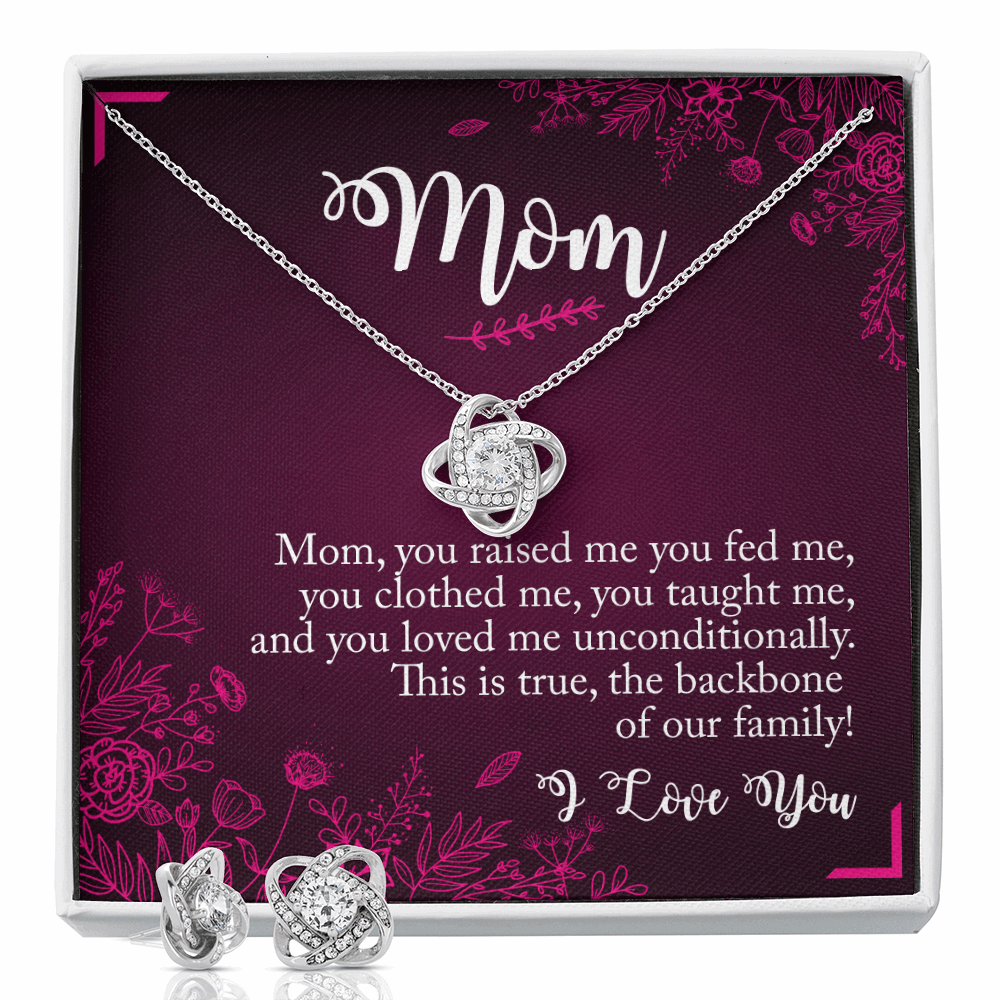 Gold Necklace & Earrings, Our Bond Knot, Mom The Backbone - Kubby&Co Worldwide