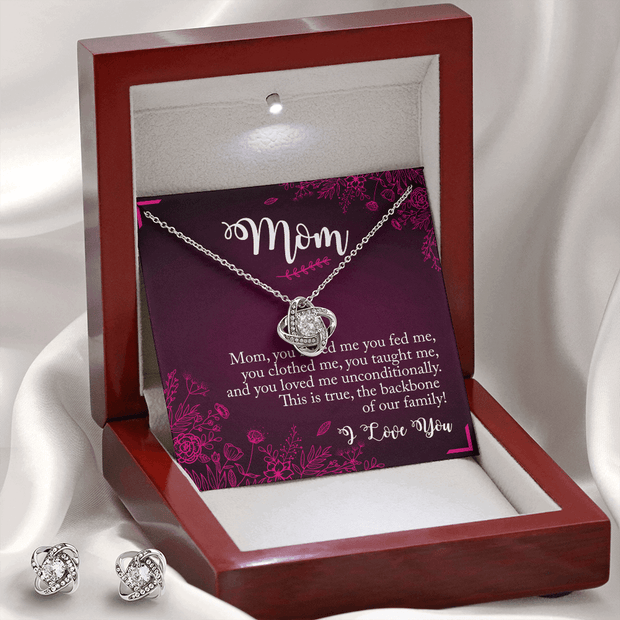 Gold Necklace & Earrings, Our Bond Knot, Mom The Backbone - Kubby&Co Worldwide