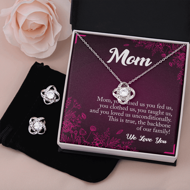 Gold Necklace & Earrings, Our Bond Knot, Mom The Backbone - Kubby&Co Worldwide