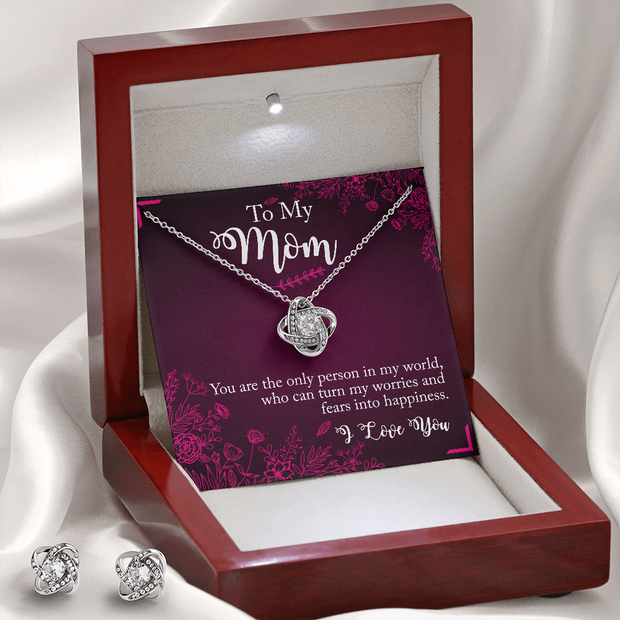 Gold Necklace & Earrings, Custom Bond Knot, My Mom My Strength - Kubby&Co Worldwide