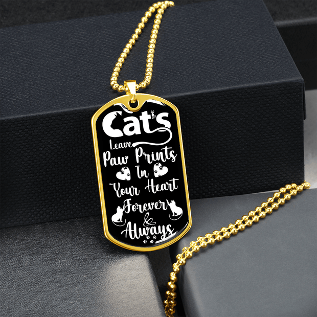Engraved Gold Necklace, Cat Lovers, Cat Tag Pendant Paw Prints - Kubby&Co Worldwide