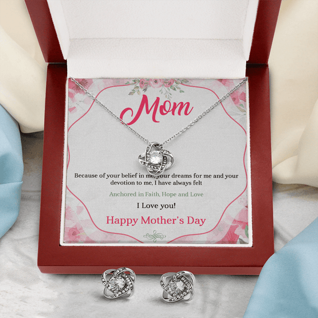 Gold Necklace & Earrings, Our Bond Knot, Mom Faith & Hope - Kubby&Co Worldwide