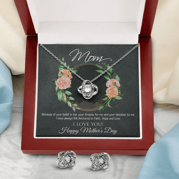 Gold Necklace & Earrings, Our Bond Knot, Mom Belief In Me - Kubby&Co Worldwide