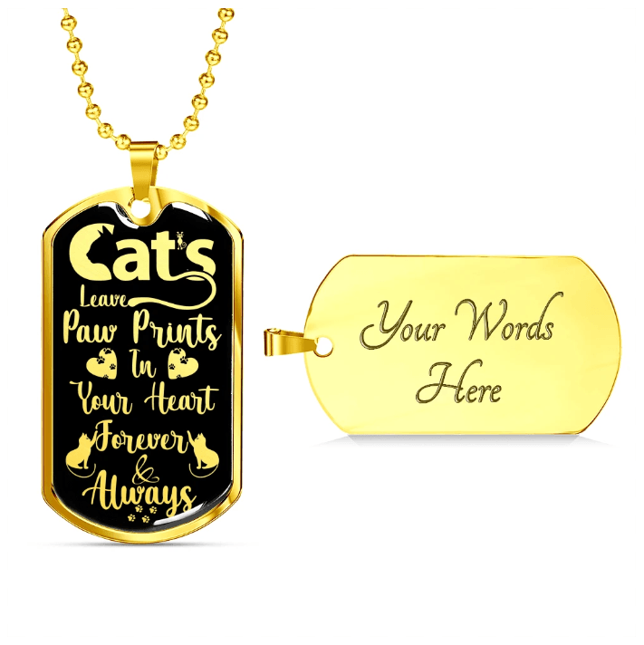 Engraved Gold Necklace, Cat Lovers, Cat Tag Pendant Paw Prints - Kubby&Co Worldwide